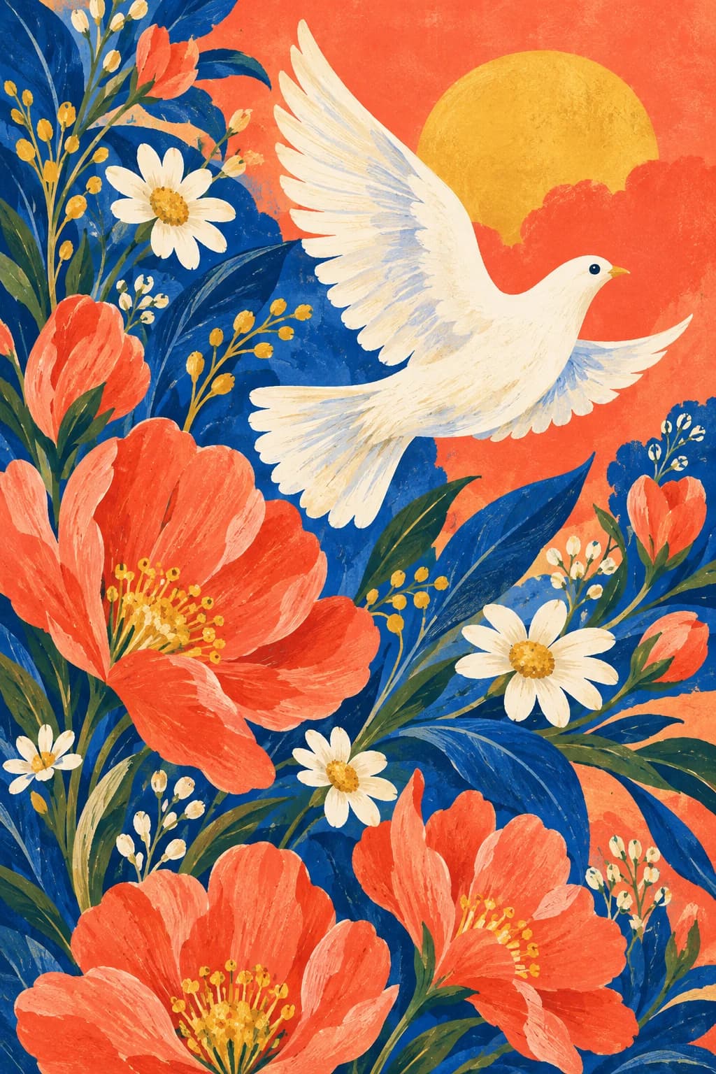 コーラル色の花々の間を白い鳥が羽ばたくオラクルカードの原画