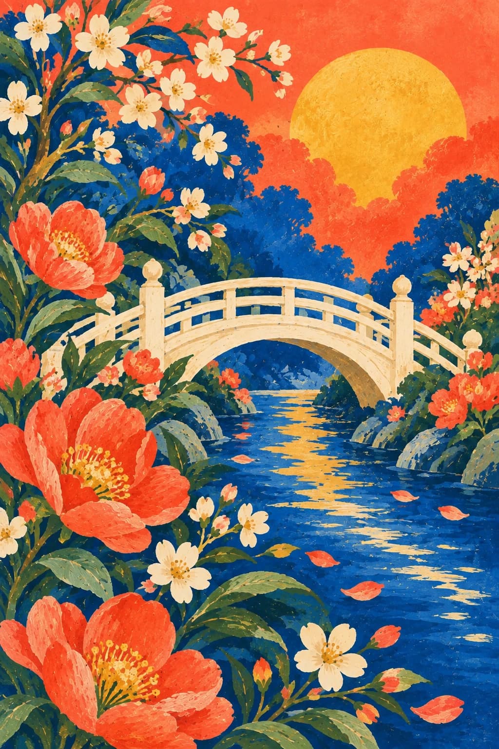 花の咲く庭の青い小川に白い橋が架かり、金色の太陽が照らす絵