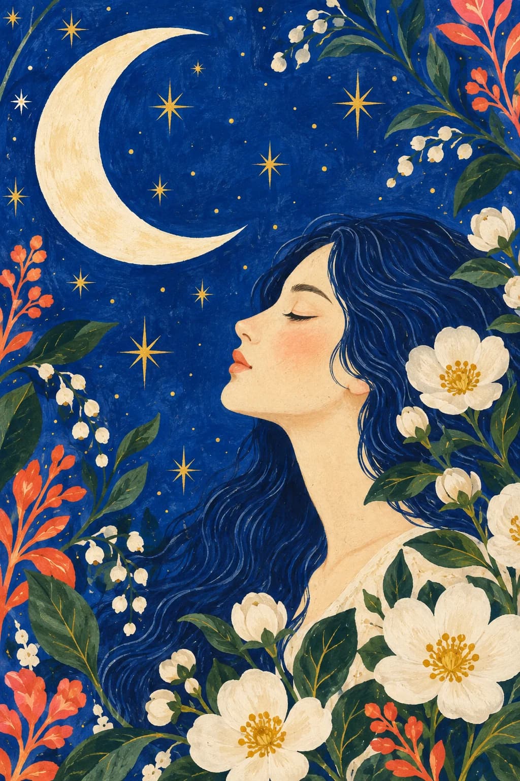 星空の三日月と女性の横顔、白い花を描いたオラクルカードの原画