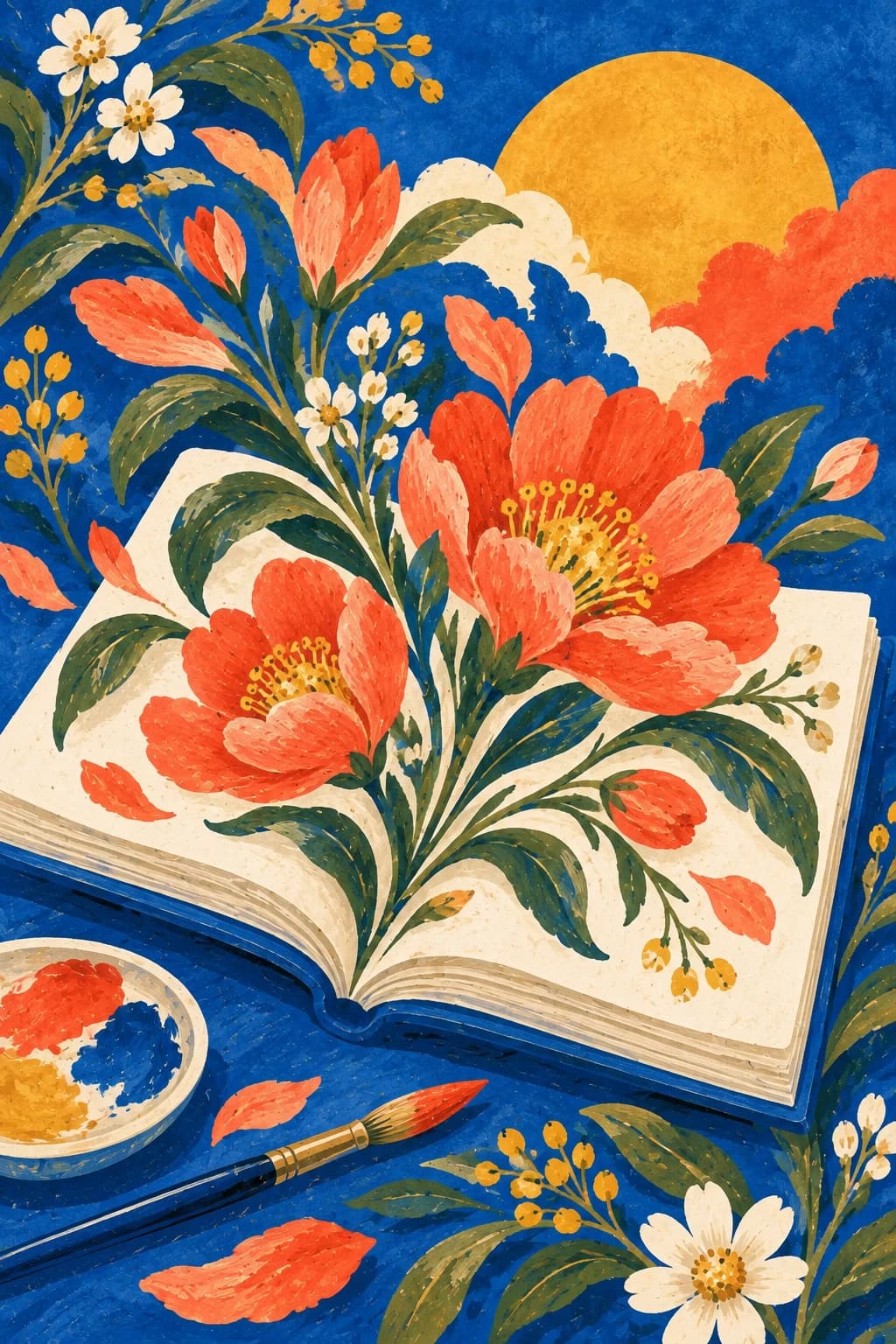 開いたスケッチブックからコーラル色の花が咲き、そばに絵筆が置かれた絵