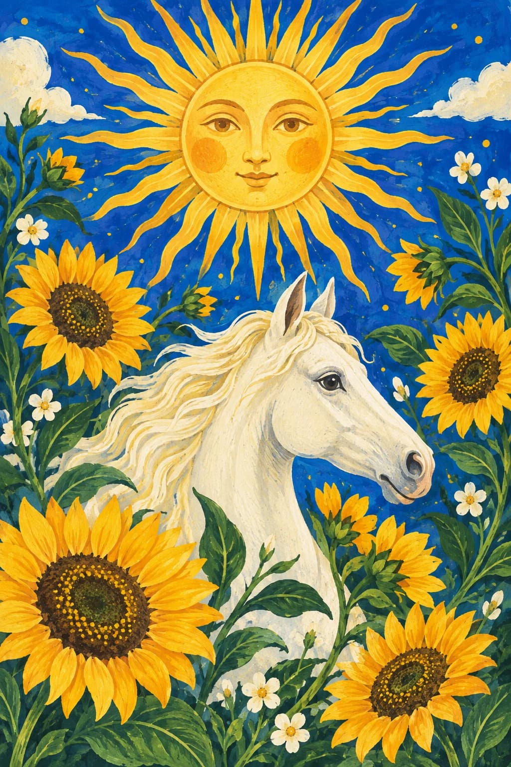 青い空の太陽、ひまわりと白い馬を描いたオラクルカードの原画