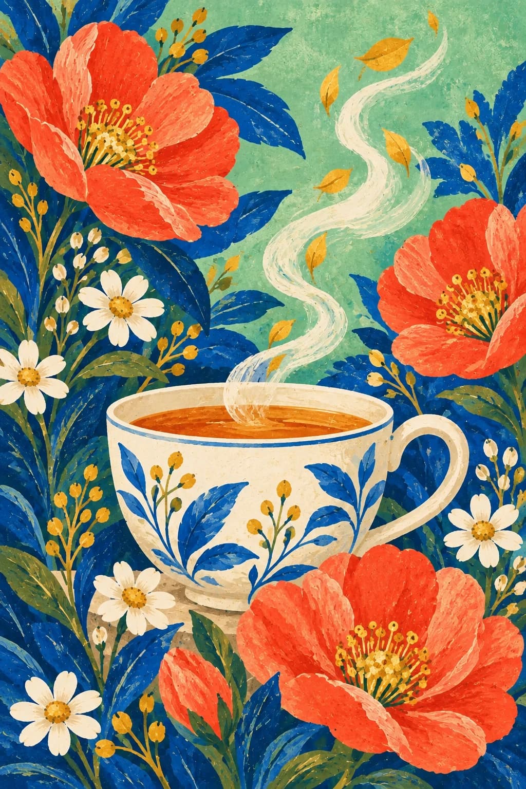 花々に囲まれた白いティーカップから、葉のような湯気が立ちのぼる絵